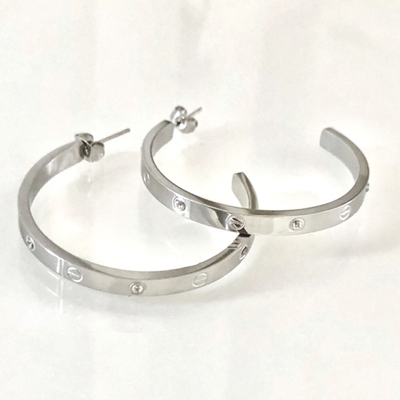 Screw Zirconia Stainless Steel Hoop Earrings - Picture 1 of 7